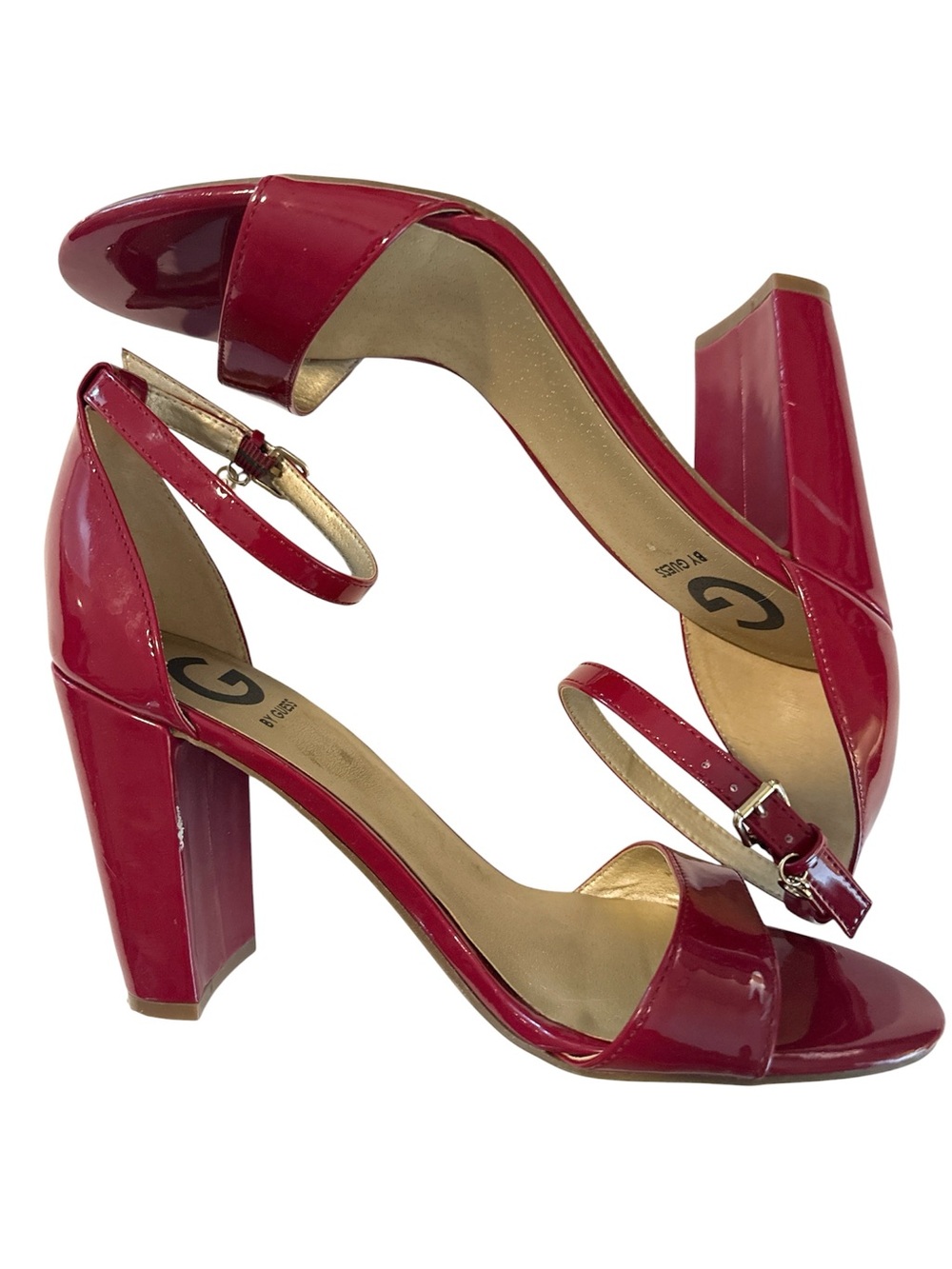 👠G by GUESS Red Patent Leather Block Heel Sandals – Size 8.5